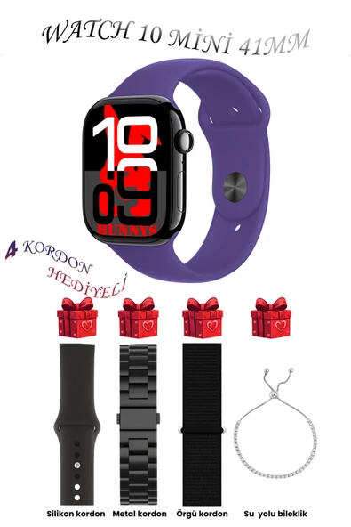 Bunnys Apple iPhone 11 Uyumlu KoyuMor Akıllı Saat Watch 10 Mini Kordon Hediyeli AMOLED EKRAN 41MM