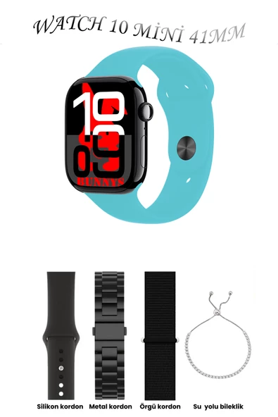 Bunnys Apple iPhone 11 Uyumlu Turkuaz Akıllı Saat Watch 10 Mini Kordon Hediyeli AMOLED EKRAN 41MM