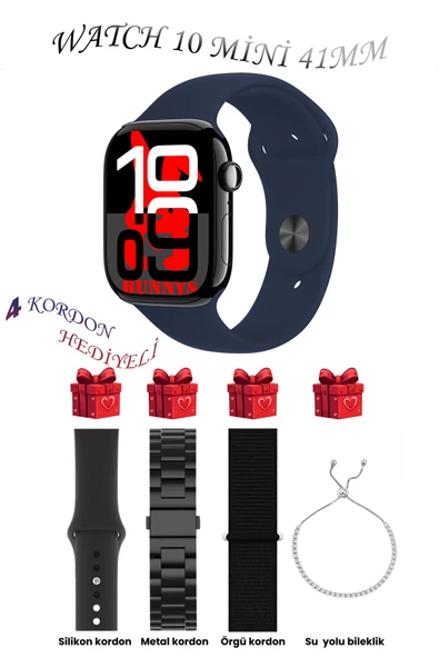 Bunnys Apple iPhone 11 Uyumlu Lacivert Akıllı Saat Watch 10 Mini Kordon Hediyeli AMOLED EKRAN 41MM
