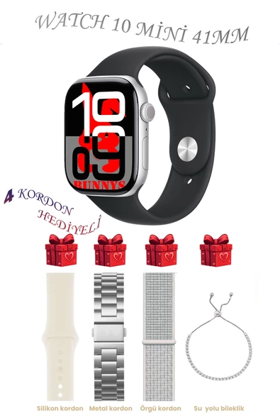 Bunnys Apple iPhone 11 Uyumlu Siyah Akıllı Saat Watch 10 Mini Kordon Hediyeli AMOLED EKRAN 41MM