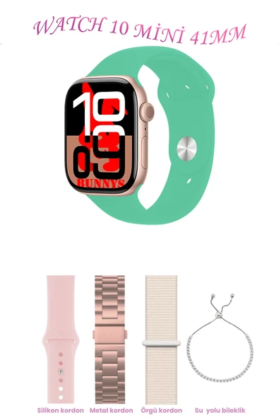Bunnys Apple iPhone 11 Uyumlu Su Yeşili Akıllı Saat Watch 10 Mini Kordon Hediyeli AMOLED EKRAN 41MM