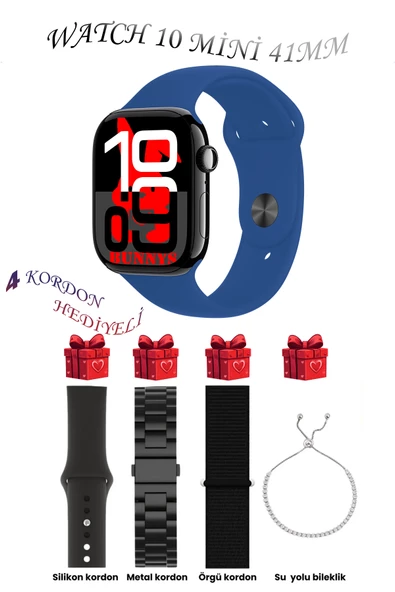 Bunnys Apple iPhone 11 Uyumlu Mavi Akıllı Saat Watch 10 Mini Kordon Hediyeli AMOLED EKRAN 41MM