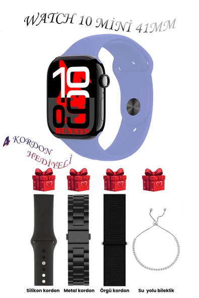 Bunnys Samsung Galaxy A53 Uyumlu Lila Akıllı Saat Watch 10 Mini Kordon Hediyeli AMOLED EKRAN 41MM