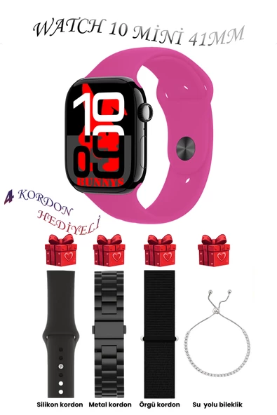 Bunnys Samsung Galaxy A50 Uyumlu Pembe Akıllı Saat Watch 10 Mini Kordon Hediyeli AMOLED EKRAN 41MM