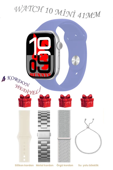 Bunnys Samsung Galaxy A50 Uyumlu Lila Akıllı Saat Watch 10 Mini Kordon Hediyeli AMOLED EKRAN 41MM