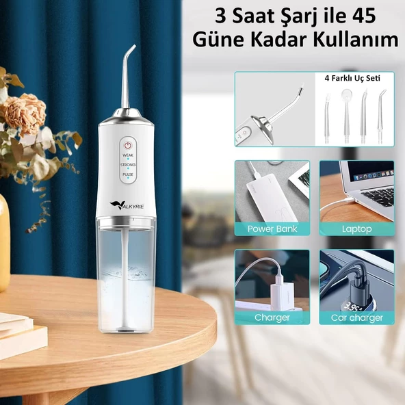 Valkyrie Şarj Edilebilir 4 Başlıklı Taşınabilir Diş Protez Bakım ve Ağız Duşu Yüksek Kapasite Beyaz - 2