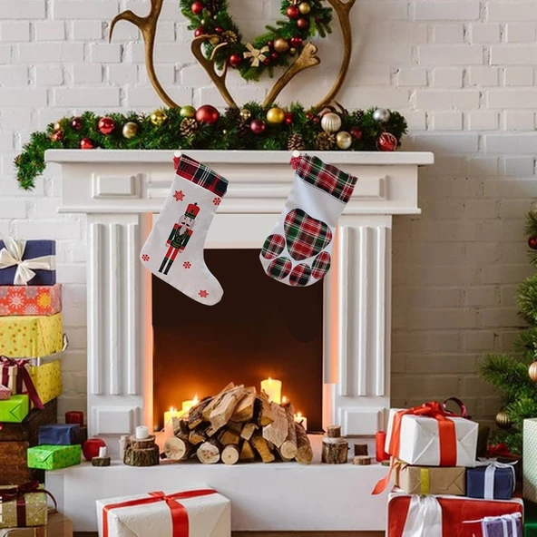 40 cm Pati Kesesi Yılbaşı & Christmas Desenli Dekoratif Hediye Kesesi, Noel Çorabı, Yılbaşı Süsü, Şömine Süsü, Yılbaşı Ağaç Süsü