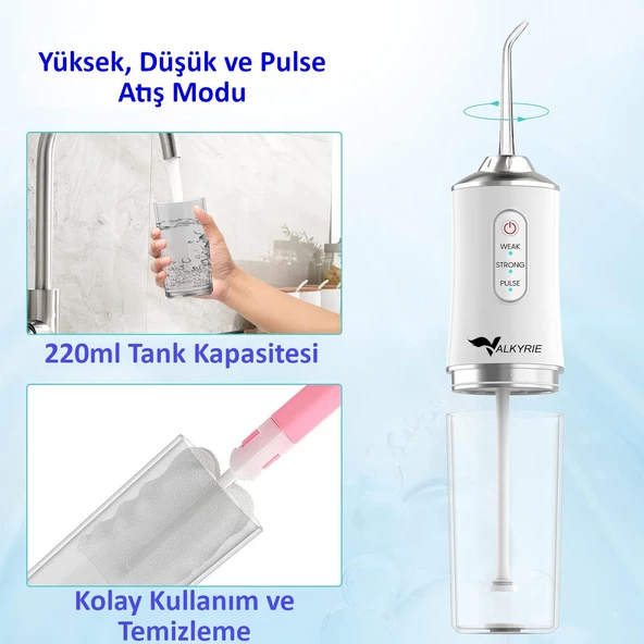 Valkyrie Şarj Edilebilir 4 Başlıklı Taşınabilir Diş Protez Bakım ve Ağız Duşu Yüksek Kapasite Beyaz - 7
