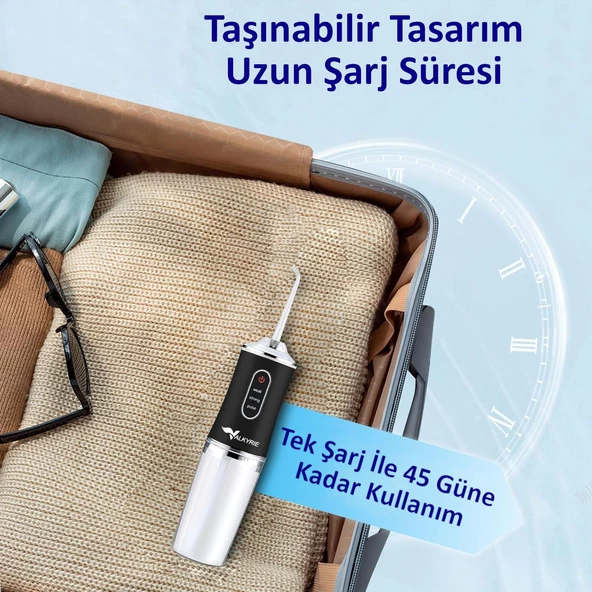 Valkyrie Şarj Edilebilir 4 Başlıklı Taşınabilir Diş Protez Bakım ve Ağız Duşu Yüksek Kapasite Siyah - 5