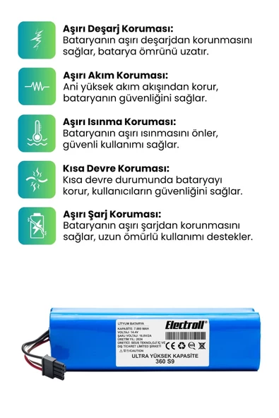 360 S9 Uyumlu Batarya (ULTRA YÜKSEK KAPASİTE) 7000mah Pil Robot Süpürge Batarya Değişimi - 3