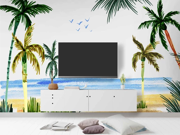 Tropikal Suluboya Çizim Manzaralı Duvar Kağıdı - Resim 3