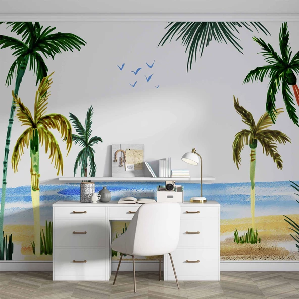 Tropikal Suluboya Çizim Manzaralı Duvar Kağıdı - Resim 4