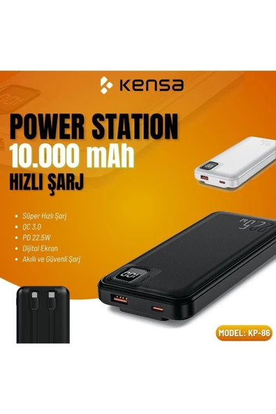 Kensa Powerbank Yeni Nesil Dijital Göstergeli Kendinden Kablolu 10.000 mAh  Ultra Hızlı 22.5 W USB-C ve LN