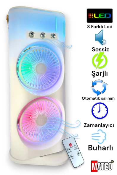 MATEO Smart Taşınabilir Işıklı 3 Spreyli Şarjlı Vantilatör Buzlu Buharlı  Mini Fan Nemlendirici