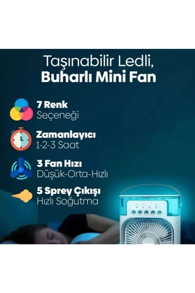 leasertech Buharlı Buzlu Işıklı Taşınabilir Vantilatör 5 Spreyli 7 Renk Gece Işığı - 3