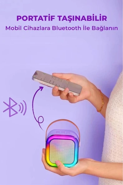 Kensa Rgb Işıklı Kablosuz Mikrofonlu Taşınabilir Bluetooth Hoparlör Karaoke Müzik - 3