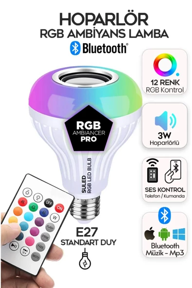 Rollovie Bluetooth Music Bulb Akıllı Hoparlör Led Işıklı Uzaktan Kumandalı Müzikli Ampul 7 Renk Işıklı