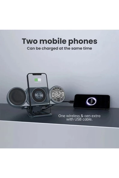 Bluetooth Hoparlör Çift Telefon Şarj Desteği Usb Kablosuz Şarjlı Radyo Çalar Saat Bluetooth Wd100 - 4