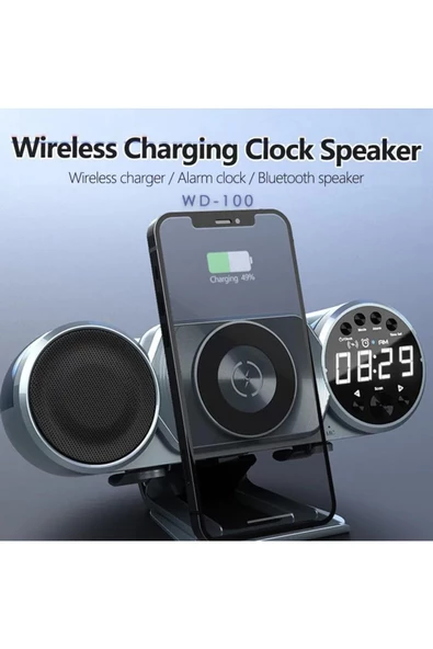 Bluetooth Hoparlör Çift Telefon Şarj Desteği Usb Kablosuz Şarjlı Radyo Çalar Saat Bluetooth Wd100 - 3