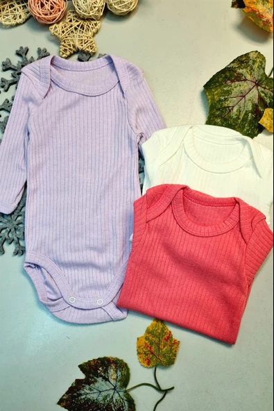Kız Bebek 3'lü Uzun Kollu Alttan Çıtçıtlı Raporlu Body Zıbın - 3
