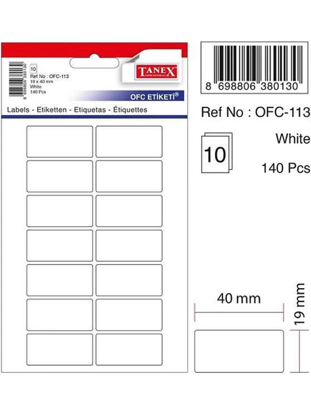 Tanex Etiket Ofc-113-19 X 40 Mm 113 Adet - Beyaz