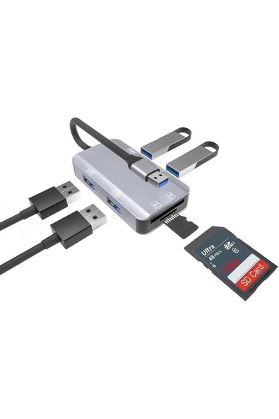 Çoklayıcı Adaptör 6 in 1 USB To USB A  SD Kart TF Kart Macbook Uyum Çevirici Adaptör Çok PortluZR786