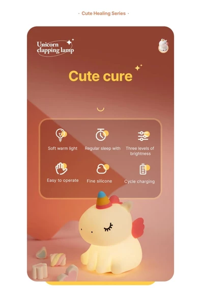 Yumuşak Silikon Unicorn Mini Gece Lambası Dekoratif Işık Derecesi Ayarlanabilir 9cm x 13cm A-007 - 4