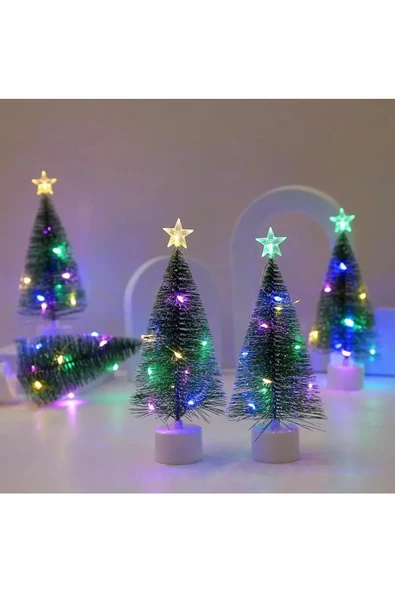 1 Adet Işıklı Mini Yılbaşı Ağacı Masaüstü Aydınlatma Dekoratif Hediyelik Noel Pilli Çam Ağaç 17 Cm