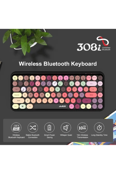 Bluetooth Klavye 84 Tuşlu Kablosuz Bluetooth Estetik Klavye Sevimli Retro Yuvarlak AJ308 - 3