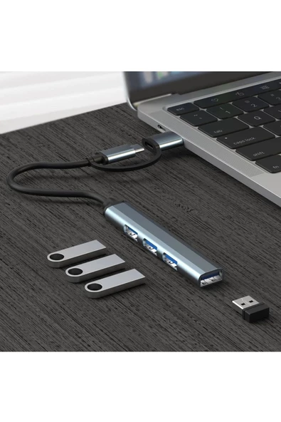 2 In 1 Adaptör 4 Port Type C USB 3.0 Hub USB 3.0 Adapter Type-C Çevirici USB Hub SW-HUB1 - Resim 4