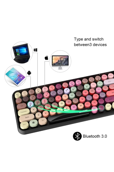 Bluetooth Klavye 84 Tuşlu Kablosuz Bluetooth Estetik Klavye Sevimli Retro Yuvarlak AJ308 - 4
