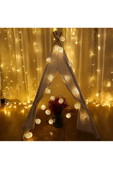 Rattan Topu Pille Çalışan 2 Metre Led Işık Dekoratif Aydınlatma Ev Dekorasyonu Salon Oda Süsleme - 7