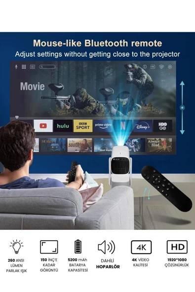 Taşınabilir Projeksiyon Dahili Hoparlör PS5 ve XBox Bağlantılı Oyun Sinema Projektör Full Hd 4K K2 - 7