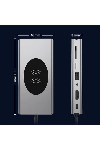 Kablosuz Şarj ve HUB Adaptör 13in1 Type-C to HDTV Macbook Uyumlu Çevirici VGA SD TF LAN WPC ZR13 - 6