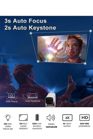 Taşınabilir Projeksiyon Dahili Hoparlör PS5 ve XBox Bağlantılı Oyun Sinema Projektör Full Hd 4K K2 - 6