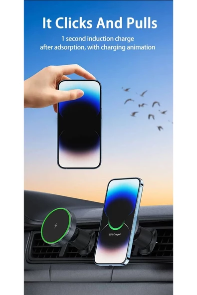 Magnetic 15W Kablosuz Araç İçi Cep Telefonu Şarj 2in1 Telefon Tutucu ve Şarj D12 - Resim 7