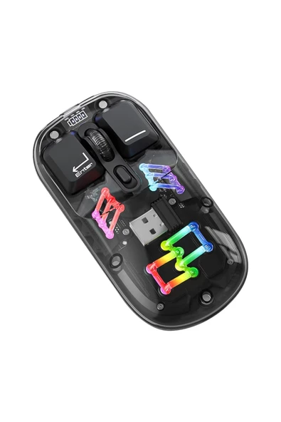 Şarjlı Transparan RGB Çift Modlu Kablosuz Mouse 1600 DPI Wireless Bilgisayar Faresi KM16