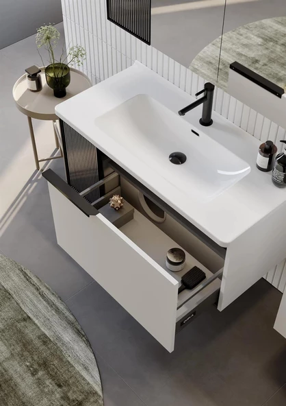 Orka Pure 100 cm Mat Beyaz Banyo Dolabı Takımı - 3