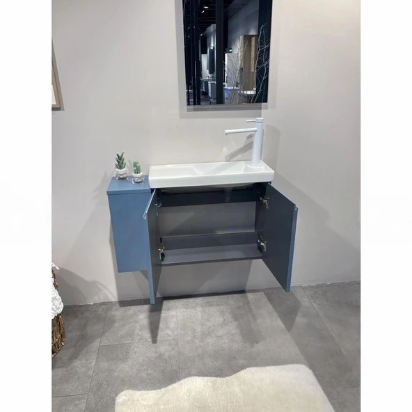 Orka Ferla 80 cm Mavi Banyo Dolabı Alt Modül ve Lavabo - Resim 4