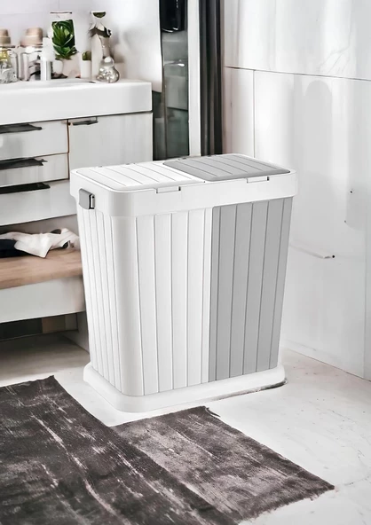 Büyük Boy Çift Hazneli Çamaşır Sepeti - 2'li Çok Amaçlı Kutu, Çöp Kovası  - 80 Litre - Ekru-Gri - 3