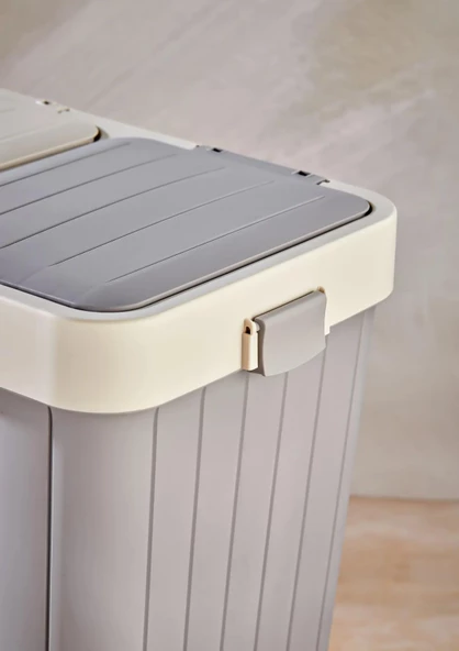 Büyük Boy Çift Hazneli Çamaşır Sepeti - 2'li Çok Amaçlı Kutu, Çöp Kovası  - 80 Litre - Ekru-Gri - 6