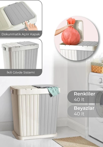 Büyük Boy Çift Hazneli Çamaşır Sepeti - 2'li Çok Amaçlı Kutu, Çöp Kovası  - 80 Litre - Ekru-Gri - 2