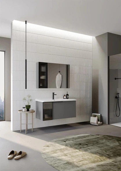 Orka Pure 100 cm Mat Gri Banyo Dolabı Takımı - Resim 2