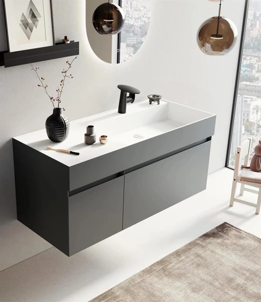 Orka Lusso 120 cm Antrasit Banyo Dolabı Alt Modül ve Lavabo