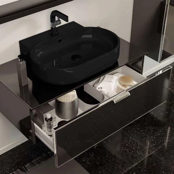 Orka Yalıköy 90 cm Parlak Siyah Banyo Dolabı Alt Modül ve Lavabo