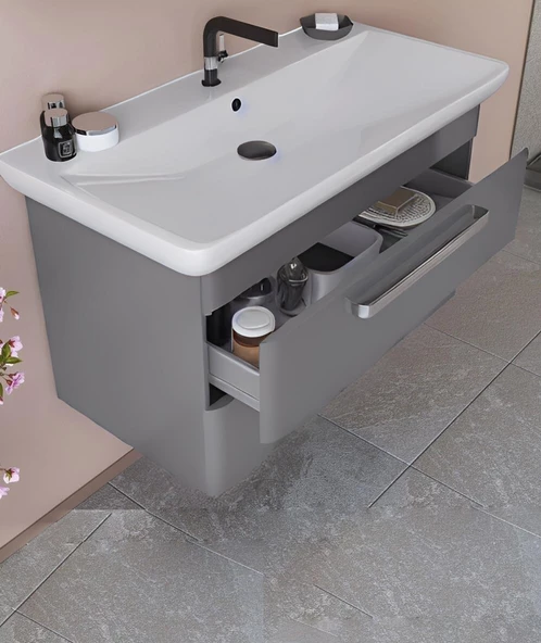Orka Rose 95 cm Gri Banyo Dolabı Alt Modül ve Lavabo - Resim 2