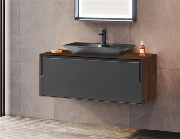 Orka Craft 100 cm Ceviz Antrasit Banyo Dolabı Alt Modül ve Lavabo