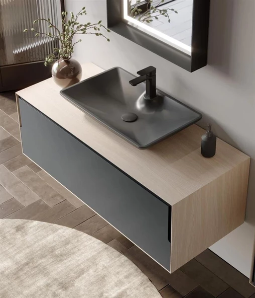 Orka Craft 120 cm Meşe Antrasit Banyo Dolabı Alt Modül ve Lavabo