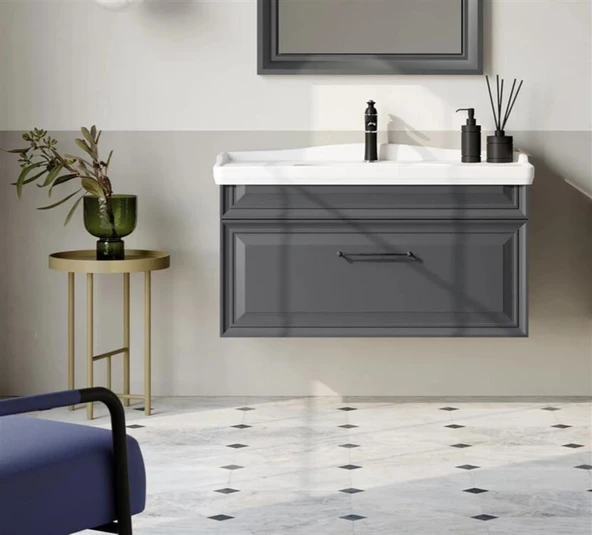 Orka Design 100 cm Antrasit Banyo Dolabı Alt Modül ve Lavabo
