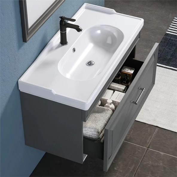 Orka Design 85 cm Antrasit Banyo Dolabı Alt Modül ve Lavabo - Resim 2